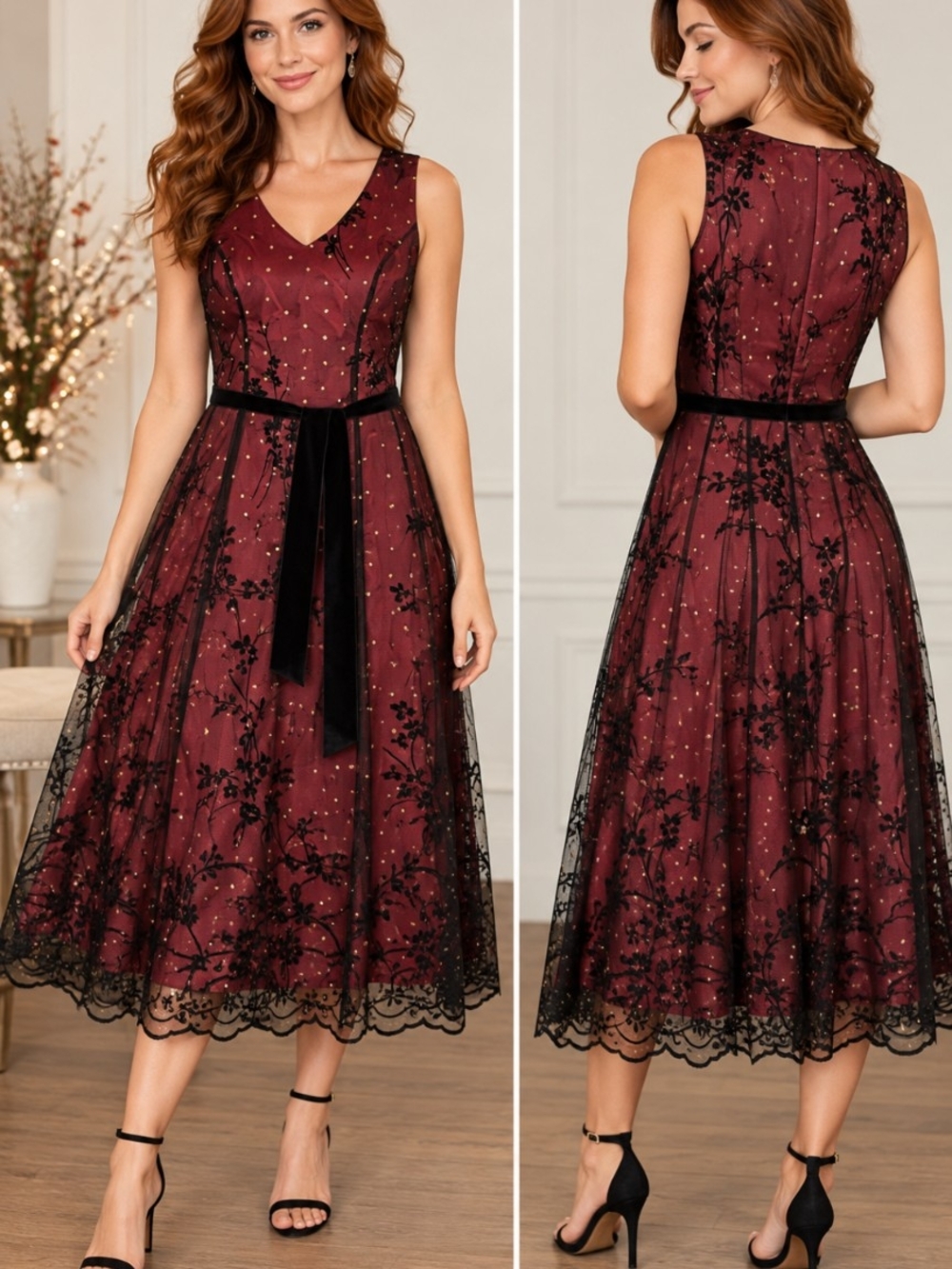 Coldwater Creek P6 Burgundy Black Floral Mesh Overlay Midi Dress - Picture 2 of 10